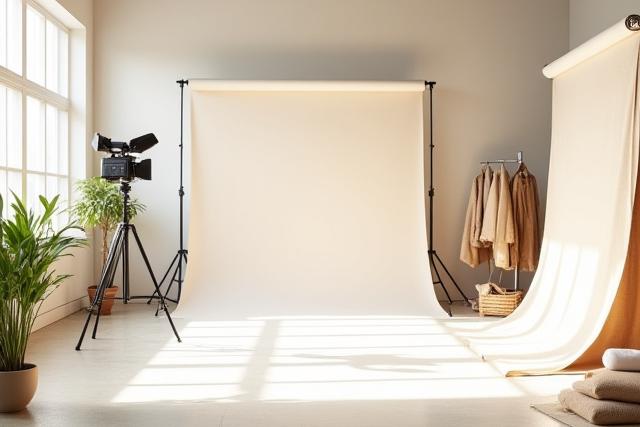 Interno moderno e luminoso dello studio fotografico Ordita Lab con tessuti e attrezzature professionali