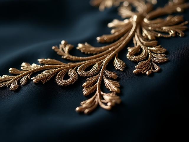 Macro fotografia di un intricato ricamo su tessuto scuro, mettendo in evidenza la precisione.